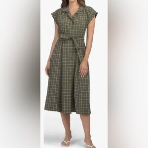 CALVIN KLEIN Olive/white Windowpane Plaid Midi Dress